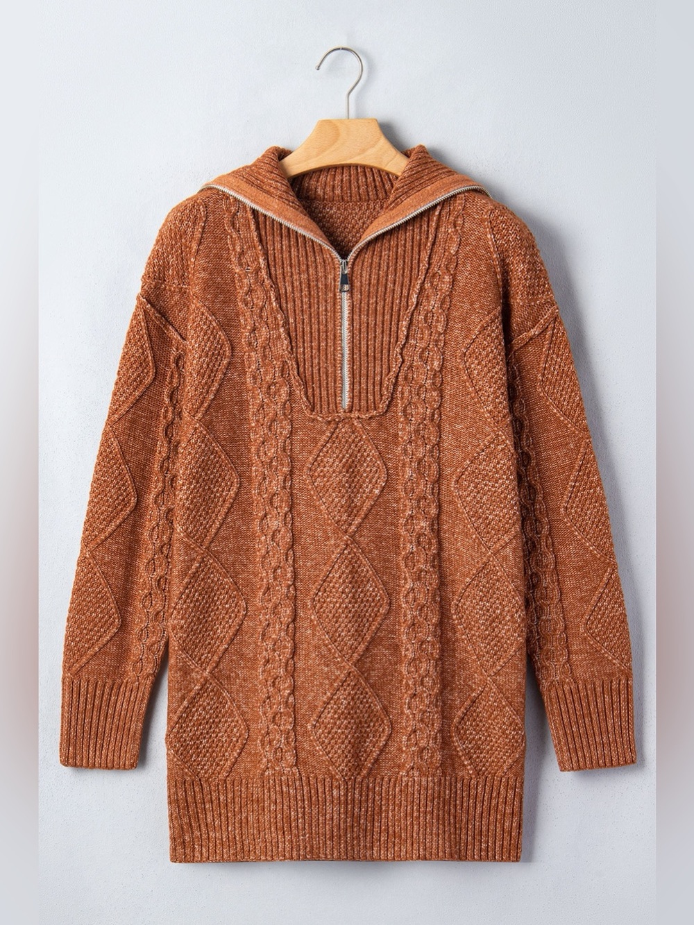 Zip-Up Cable Knit Drop Shoulder Sweater Dress - Picture 7 of 15